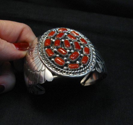 Image 3 of Big Navajo Native American Coral Silver Bracelet