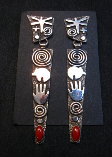 Image 0 of Extra long Navajo Alex Sanchez Petroglyph Coral Silver Earrings