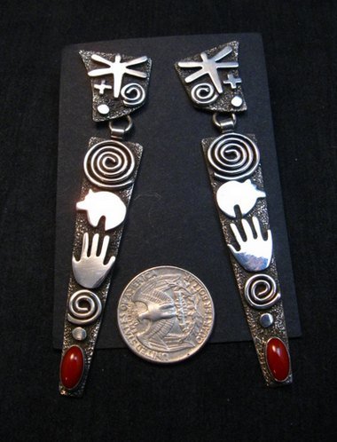 Image 1 of Extra long Navajo Alex Sanchez Petroglyph Coral Silver Earrings