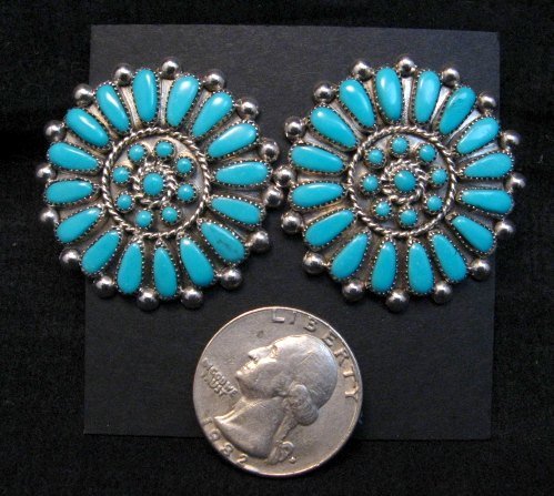 Image 1 of Round Zuni Sleeping Beauty Turquoise Cluster Earrings