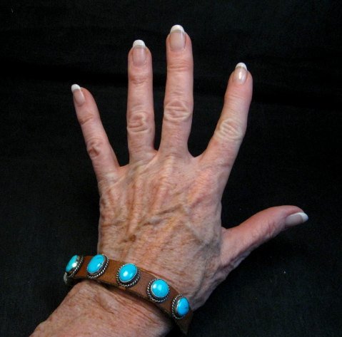 Image 1 of Navajo Turquoise Sterling Silver Leather Bracelet, Jimmy Emerson, Custom Fit