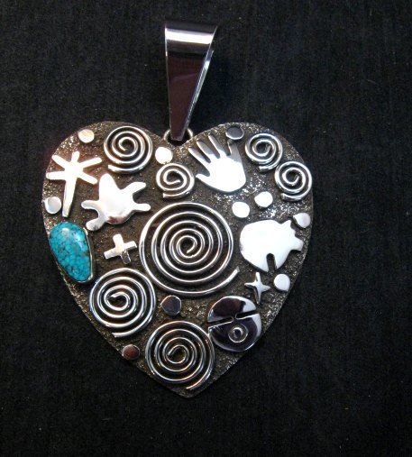 Image 0 of Alex Sanchez Turquoise Heart Pendant, Navajo, Petroglyph