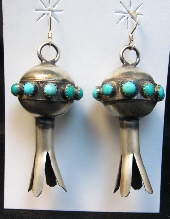 Image 0 of Navajo ~ Monica Smith ~ Hand Made Silver Turquoise Squash Blossom Earrings
