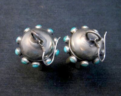 Image 2 of Navajo ~ Monica Smith ~ Hand Made Silver Turquoise Squash Blossom Earrings