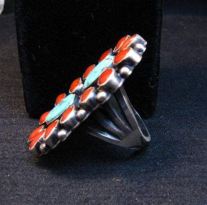 Image 5 of Native American Navajo Turquoise Coral Cluster Ring sz9, Sheila Tso