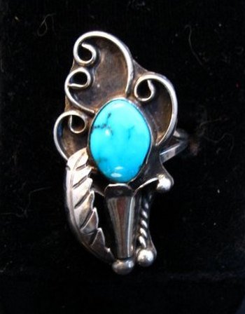 Image 0 of Vintage Turquoise Squash Blossom Ring D&E Platero sz8