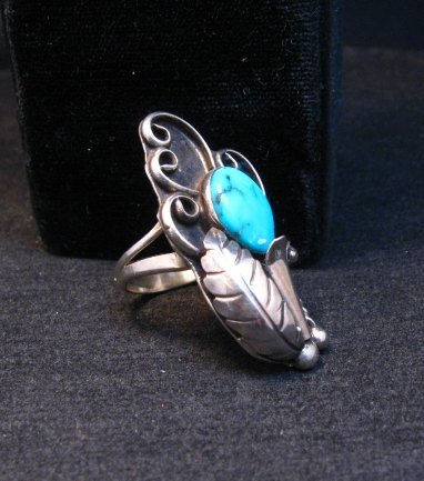 Image 2 of Vintage Turquoise Squash Blossom Ring D&E Platero sz8
