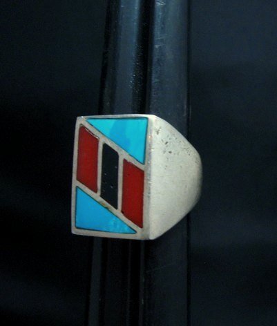 Image 1 of Vintage Pawn Navajo Turquoise Coral Inlay Ring sz10