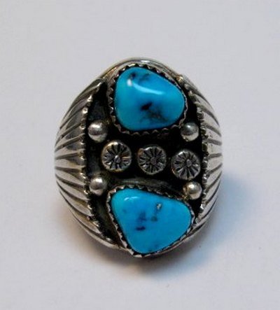 Image 0 of Navajo Native American Turquoise Silver Ring Sz9