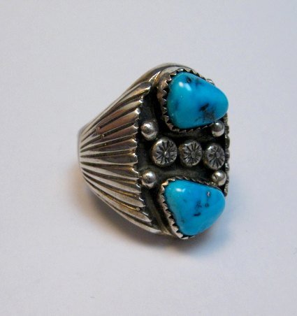 Image 1 of Navajo Native American Turquoise Silver Ring Sz9