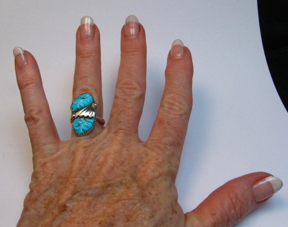 Image 2 of Zuni Native American Carved Turquoise Silver Ring, Loyolita Othole, sz6-1/2