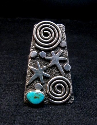 Image 0 of Navajo Alex Sanchez Petroglyph Turquoise Silver Ring sz8-1/2