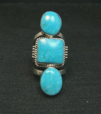Image 0 of Native American Navajo 3-Stone Turquoise Silver Ring sz4-1/2