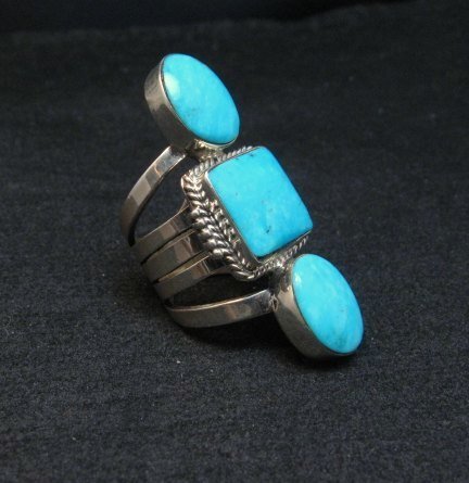 Image 2 of Native American Navajo 3-Stone Turquoise Silver Ring sz4-1/2