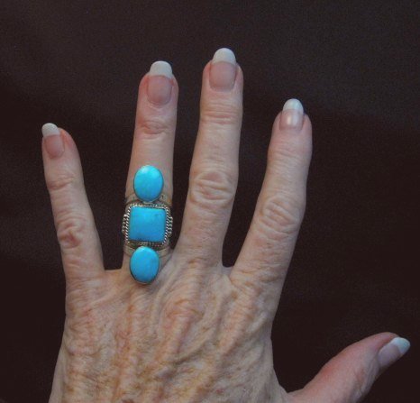 Image 1 of Native American Navajo 3-Stone Turquoise Silver Ring sz4-1/2