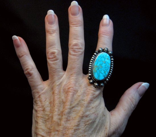 Image 1 of Splendid Navajo Kingman Turquoise Silver Ring sz8, Aaron Toadlena