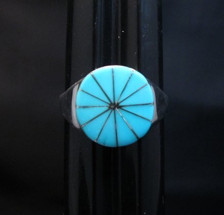 Image 0 of Native American Zuni Round Turquoise Inlay Ring, Johnson Laweka Sz13-1/2 