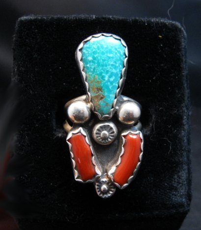 Image 0 of Navajo Albert Platero Turquoise Coral Silver Ring sz8