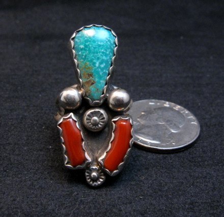 Image 1 of Navajo Albert Platero Turquoise Coral Silver Ring sz8