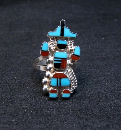 Image 0 of Zuni Native American Turquoise Multigem Inlay Kachina Ring sz6