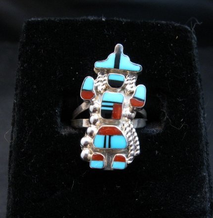 Image 2 of Zuni Native American Turquoise Multigem Inlay Kachina Ring sz6