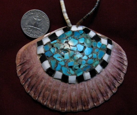 Image 5 of Vintage Santo Domingo Pueblo Turquoise Inlaid Shell Necklace and Earrings