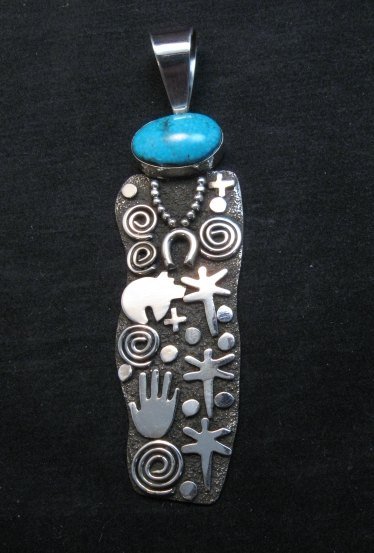 Image 0 of Large Navajo Alex Sanchez Turquoise Silver Maiden Figure Pendant 