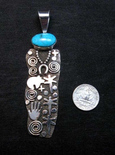 Image 1 of Large Navajo Alex Sanchez Turquoise Silver Maiden Figure Pendant 