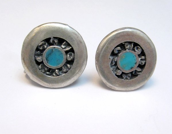 Image 0 of Vintage Native American Turquoise Silver Disk Earrings, Screw-back