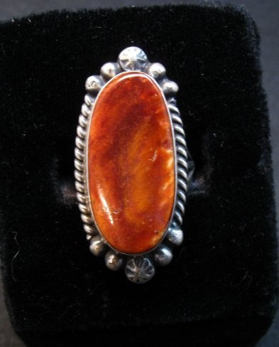 Image 0 of Native American Navajo Spiny Oyster Silver Ring, Augestine Largo Sz7