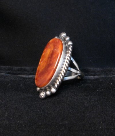 Image 1 of Native American Navajo Spiny Oyster Silver Ring, Augestine Largo Sz7