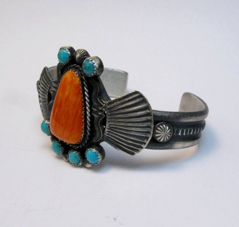 Image 3 of Eva Billah ~ Navajo ~ Tufa Cast Silver Spiny Oyster Turquoise Bracelet