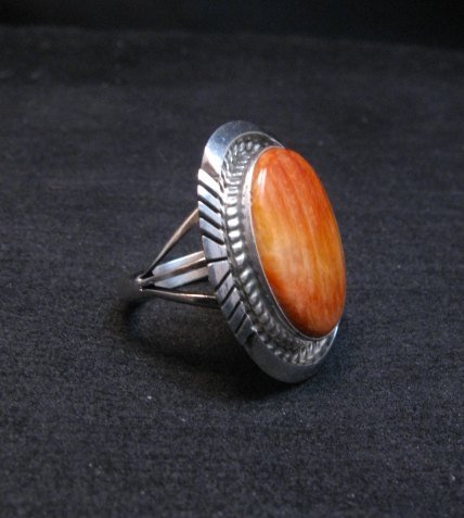 Image 1 of Native American Navajo Spiny Oyster Silver Ring, Alfred Martinez sz8