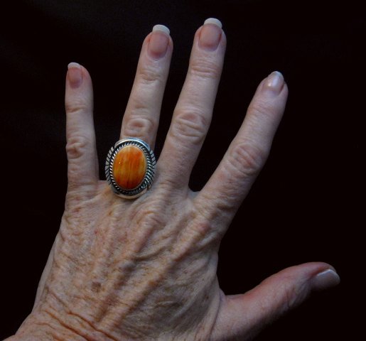 Image 3 of Navajo Orange Spiny Oyster Silver Ring, Alfred Martinez sz6-3/4