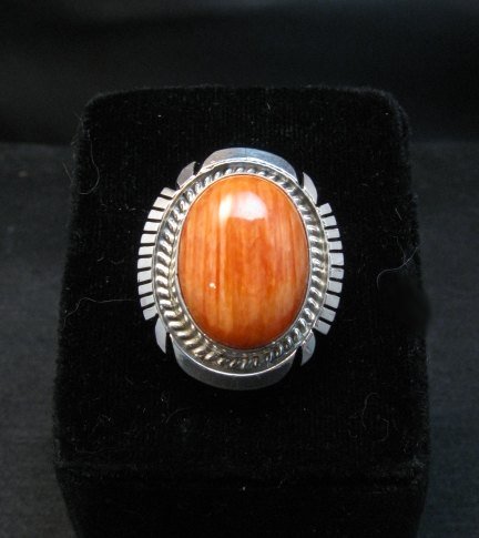 Image 1 of Native American Navajo Spiny Oyster Silver Ring, Alfred Martinez sz7