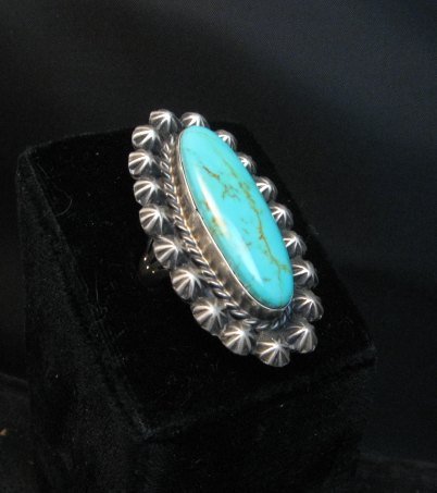 Image 1 of Fancy Old Style Navajo Turquoise Silver Ring Robert Shakey Sz7-1/2