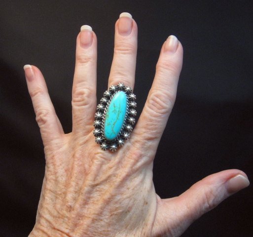 Image 3 of Fancy Old Style Navajo Turquoise Silver Ring Robert Shakey Sz7-1/2