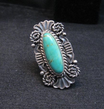 Image 0 of Fancy Old Style Navajo Turquoise Silver Ring Robert Shakey sz6-1/2