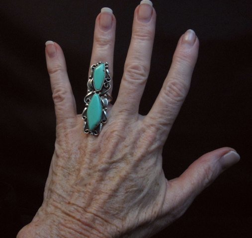 Image 1 of Double Turquoise Native American Navajo Sterling Ring Size 7 Lucille Calladitto