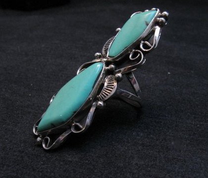 Image 3 of Double Turquoise Native American Navajo Sterling Ring Size 7 Lucille Calladitto