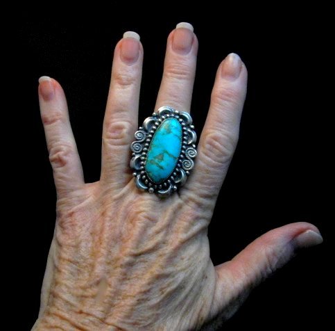 Image 1 of Fancy Navajo Turquoise Sterling Silver Ring Juanita Long sz6-3/4