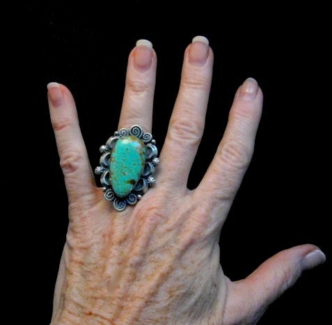 Image 1 of Big Navajo Native American Turquoise Silver Ring Juanita Long sz7-3/4