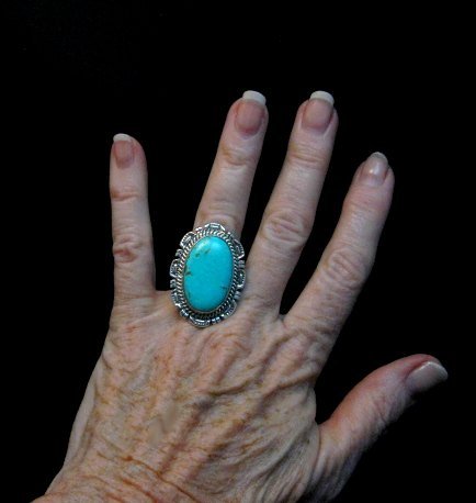 Image 1 of Native American Navajo Turquoise Silver Ring, Augestine Largo Sz7