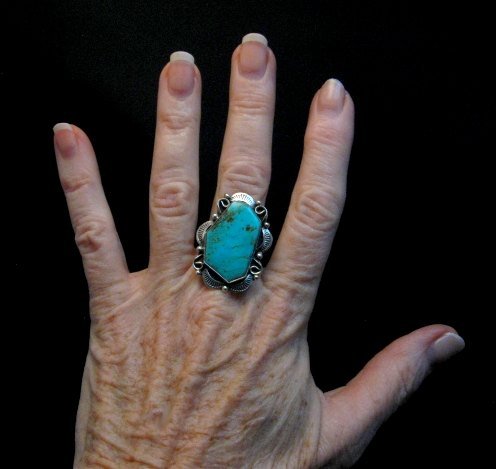 Image 1 of Native American Navajo Turquoise Silver Ring Lucille Calladitto sz8
