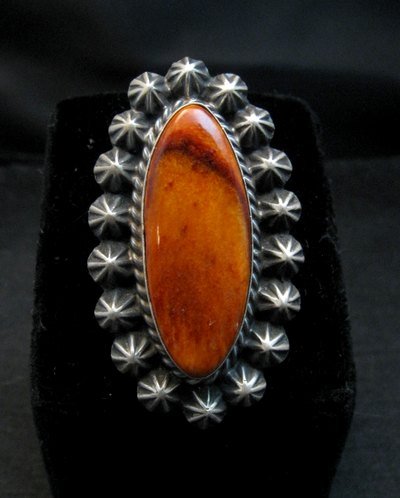 Image 0 of Old Style Navajo Spiny Oyster Silver Ring Robert Shakey Sz6-3/4
