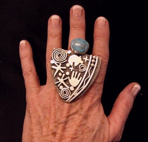 Image 1 of Huge Navajo Alex Sanchez Turquoise Silver Maiden Ring sz9