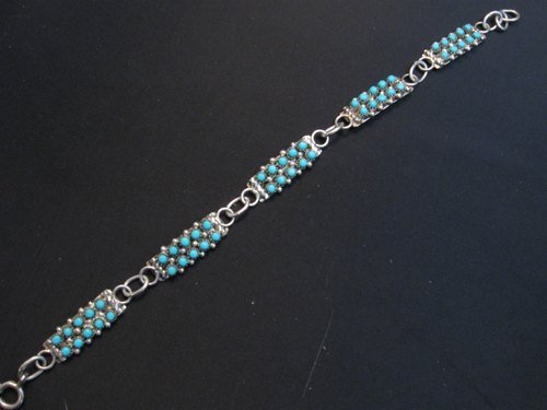 Image 0 of Zuni 2-Row 50 Turquoise Snake Eye Sterling Silver Link Bracelet April Haloo