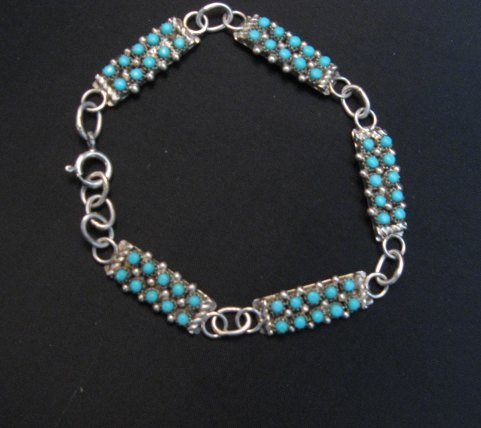 Image 1 of Zuni 2-Row 50 Turquoise Snake Eye Sterling Silver Link Bracelet April Haloo