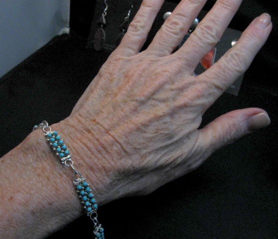 Image 3 of Zuni 2-Row 50 Turquoise Snake Eye Sterling Silver Link Bracelet April Haloo