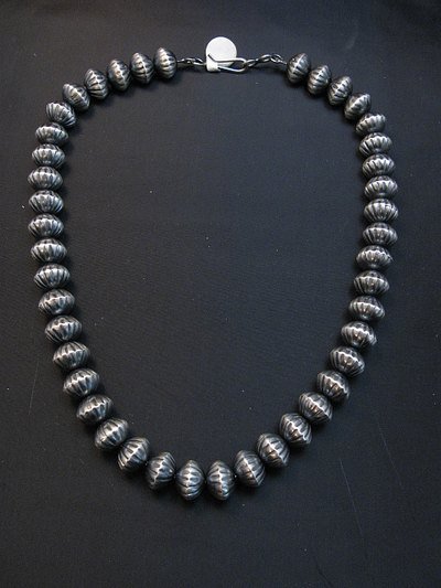 Image 0 of Taisheena Long ~ Native American ~ Silver Fluted Bead Necklace 19-inch 